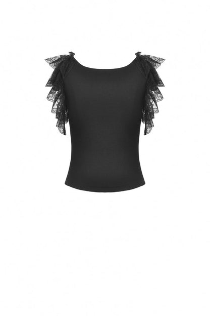 Black Plunging V Collar Short Sleeves Ruffled Lace Sexy Women's Gothic Crop Top