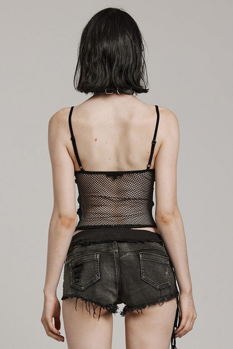 Black Hollow Embroidery Lace Sheer Mesh Adjustable Drawstring Womens Gothic Vest