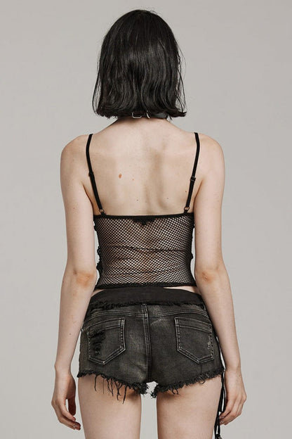 Black Hollow Embroidery Lace Sheer Mesh Adjustable Drawstring Womens Gothic Vest