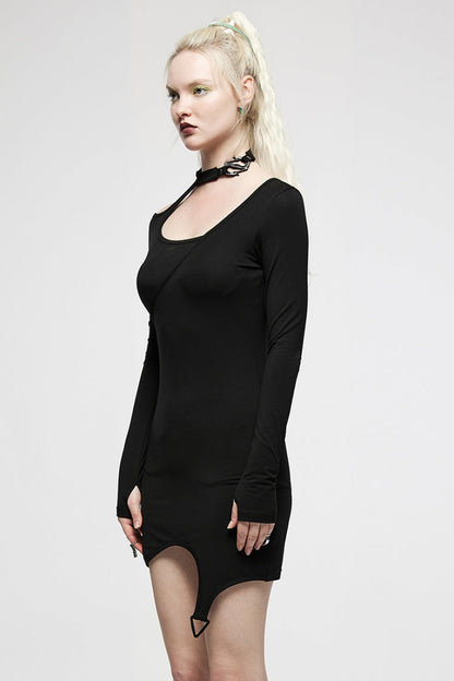 Black Halterneck Slim Asymmetric Women's Punk Dress