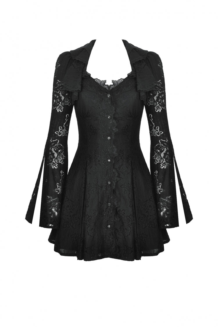 Black Long Trumpet Sleeves Embroidered Lace Lace-Up Women's Gothic Honeymoon Dress