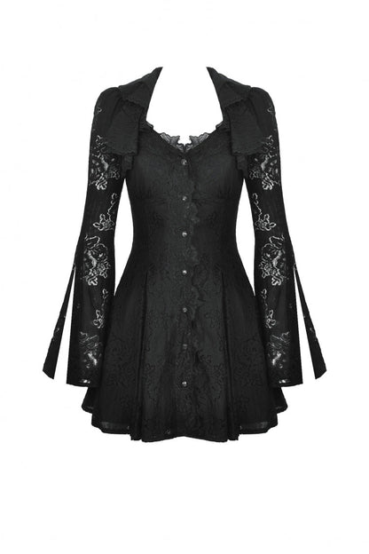Black Long Trumpet Sleeves Embroidered Lace Lace-Up Women's Gothic Honeymoon Dress