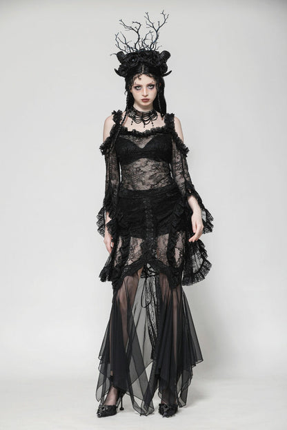 Black Lace-Up Mesh Spliced Lace Women's Gothic Fishtailed Skirt