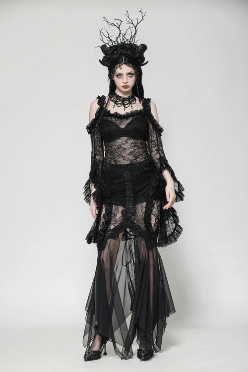 Black Lace-Up Mesh Spliced Lace Women's Gothic Fishtailed Skirt