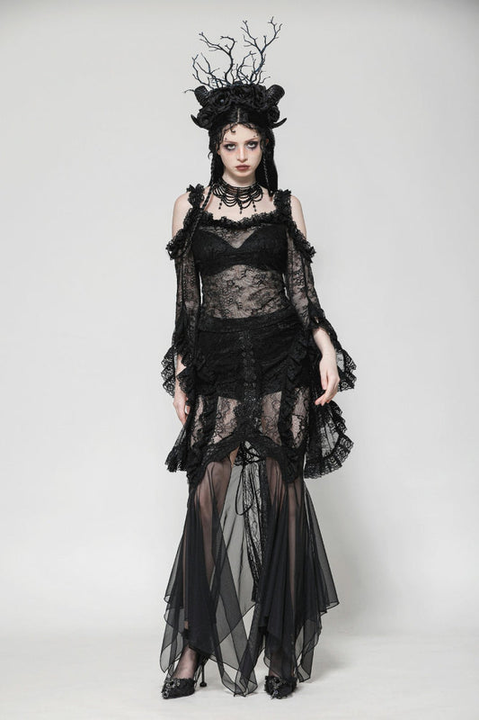 Black Lace-Up Mesh Spliced Lace Women's Gothic Fishtailed Skirt