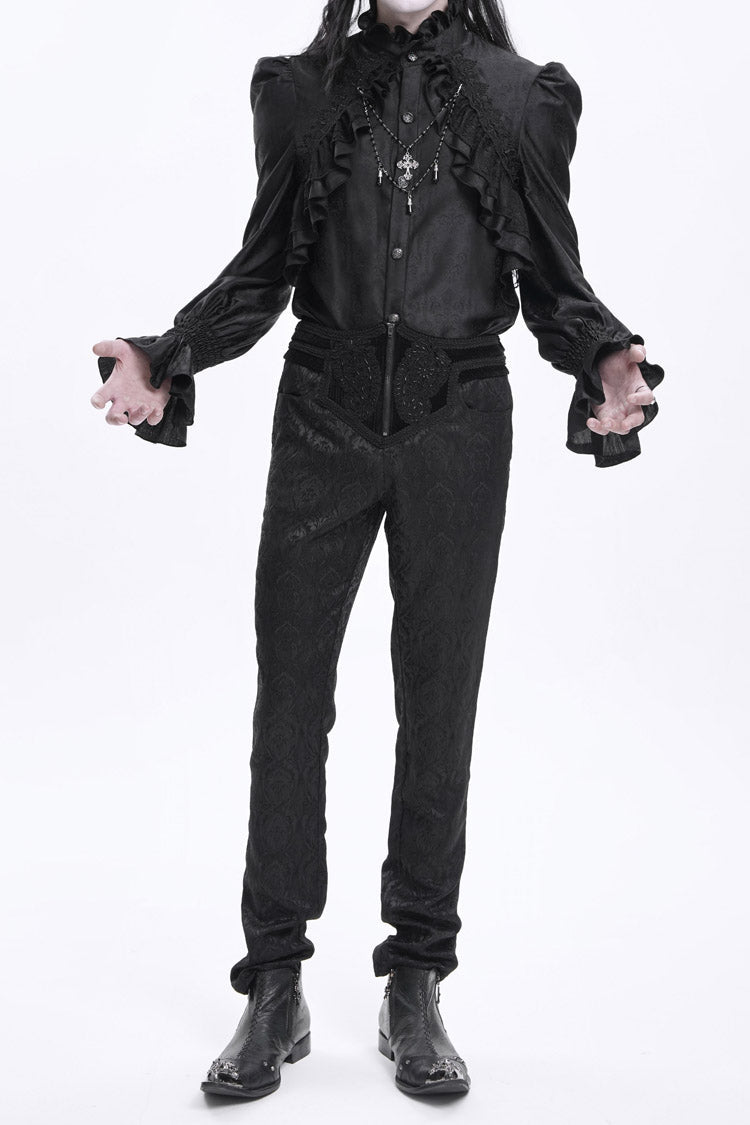 Black Floral Print Embroidery Branded Zip Men's Gothic Pants