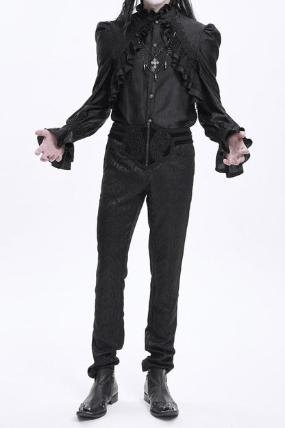 Black Floral Print Embroidery Branded Zip Men's Gothic Pants