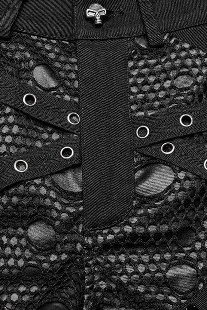 Black Faux Leather Stitching Mesh Buckles Women's Steampunk Shorts