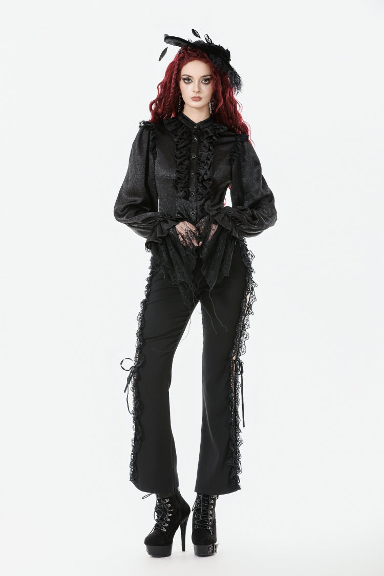 Black Long Lantern Sleeves Ruffled Spliced Lace Women's Gothic Blouse