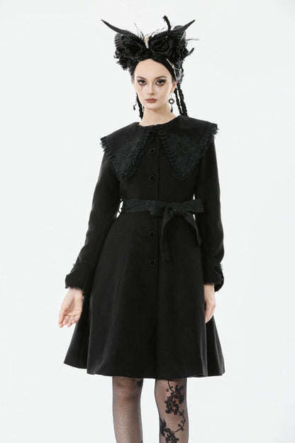 Black Floral Embroidered Peter Pan Collar Long Sleeves Bowknot Women's Gothic Coat