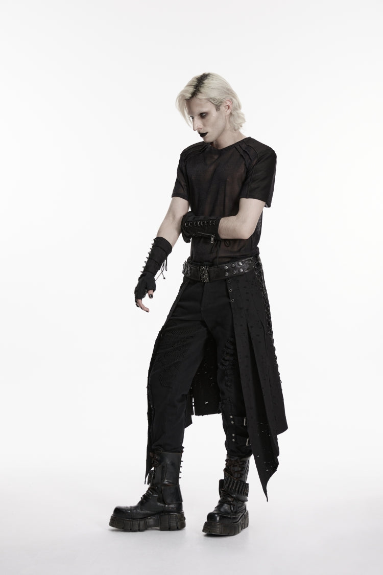 Black Lace-Up Irregular Ripped Men's Punk Skirt