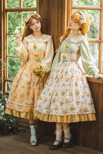 Apricot [Gardening Sunflower] Sleeveless Print Ruffle Bowknot Sweet Elegant Uplift Lolita Jsk Dress