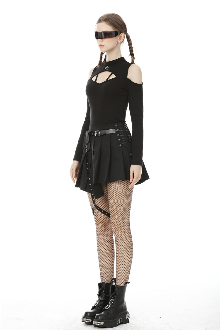 Black Lace-Up Irregular Hem Pleated Women's Punk Skirt with Side Bag
