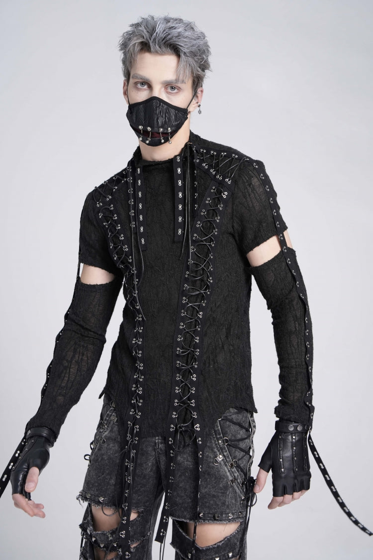 Black Long Sleeves Strap Lace-Up Irregular Mesh Men's Gothic T-Shirt
