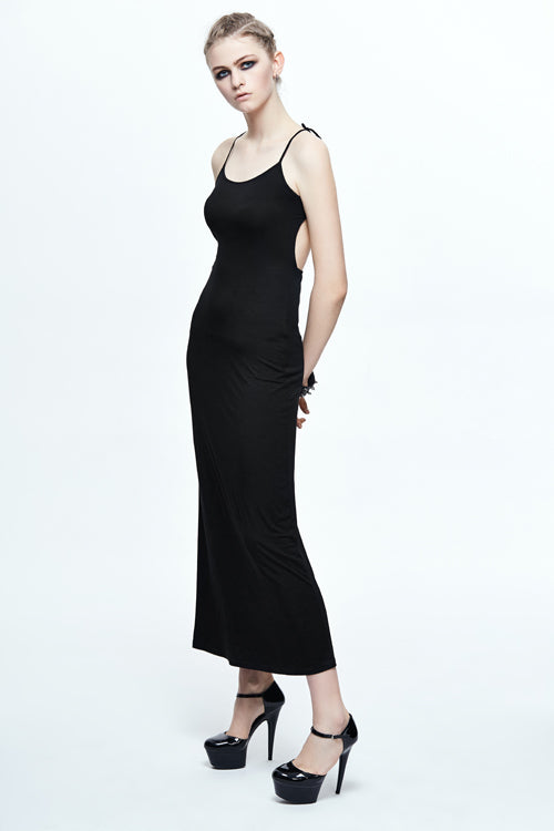 Black Five Pointed Star Mid Length Womens Gothic Slip Dress