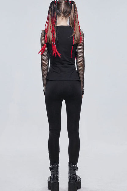 Black Gothic Stretch Knitted Fabric Spliced Mesh Devil Sheep Head Pattern Printing Women's Leggings