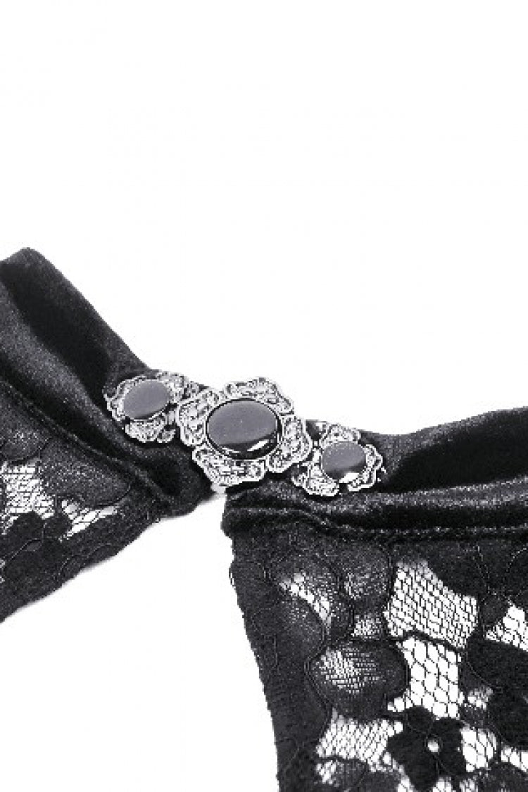 Black Long Puff Sleeves Cut-Out Lace Spliced Velvet Lace-Up Women's Gothic Princess Evening Dress