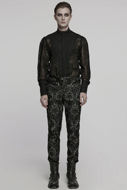 Black Print Floral Embroidery Buckle Men's Gothic Pants