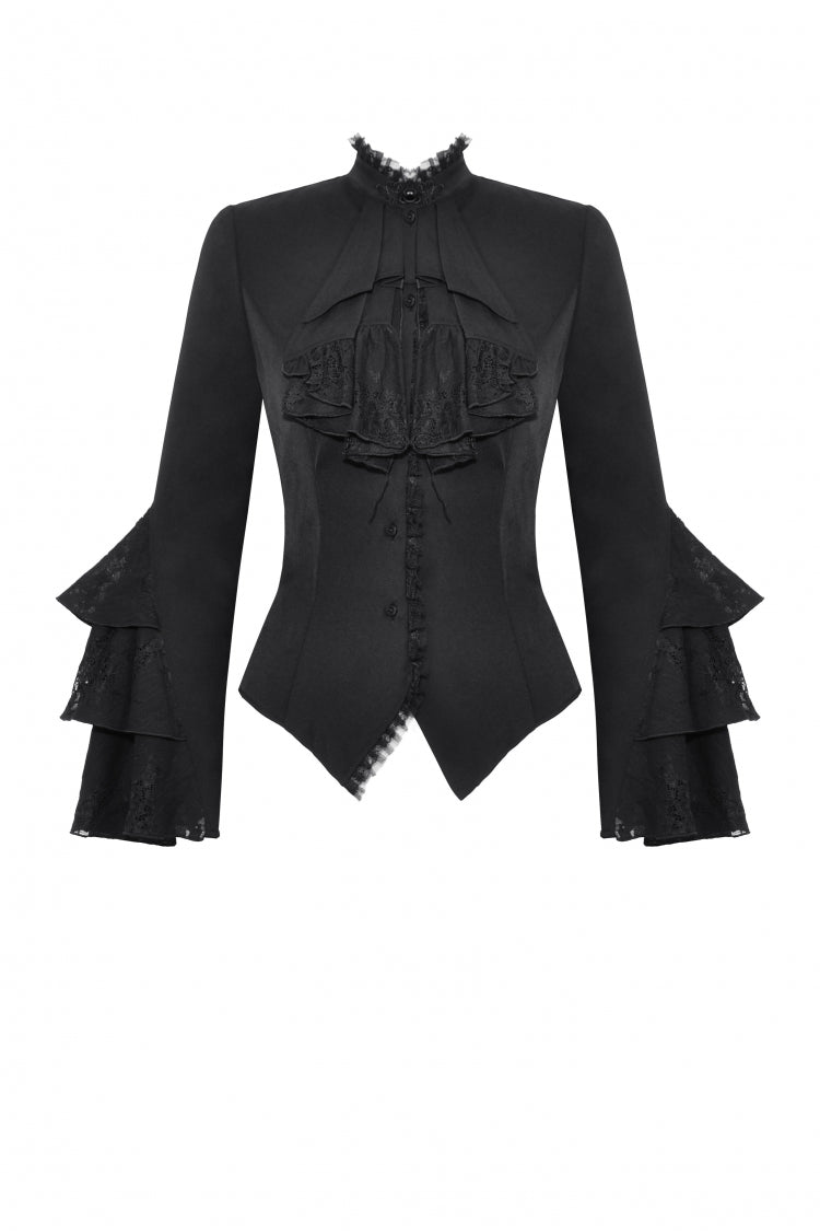 Black Lace Stand Collar Multi-Layered Ruffled Long Flared Sleeves Women's Gothic Blouse