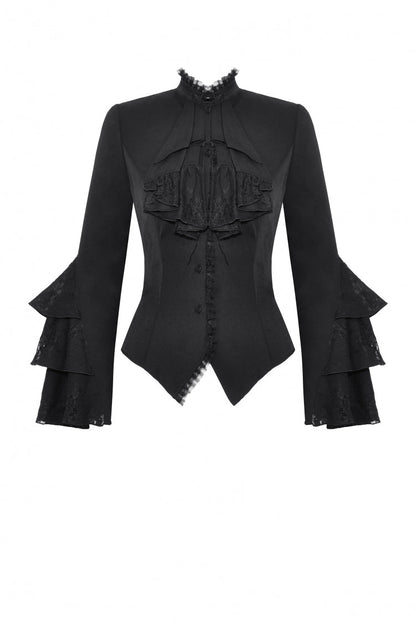 Black Lace Stand Collar Multi-Layered Ruffled Long Flared Sleeves Women's Gothic Blouse