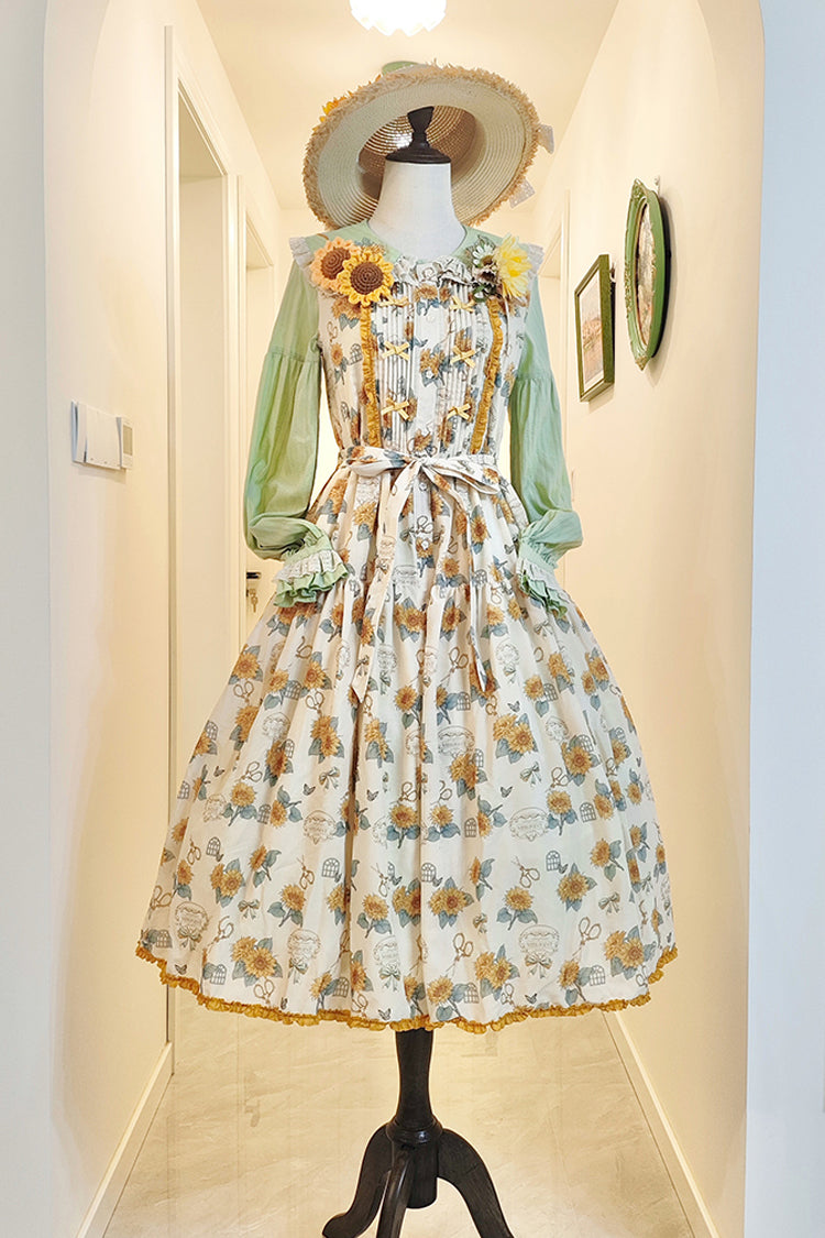 Apricot [Gardening Sunflower] Sleeveless Print Ruffle Bowknot Sweet Elegant Lolita Jsk Dress