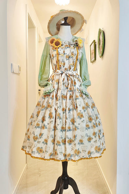 Apricot [Gardening Sunflower] Sleeveless Print Ruffle Bowknot Sweet Elegant Lolita Jsk Dress