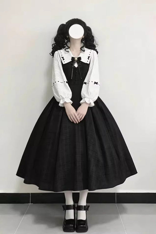 Black Lapel Collar Long Sleeves Ruffled Bow Sweet Lolita Jumper Dress Set