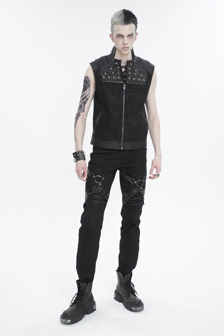 Black Chest Metal Willow Studded Sleeveless Men's Punk Vest