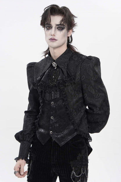 Black Lapel Collar Long Lantern Sleeves Jacquard Embroidered Lace Men's Gothic Palace Swallow-tailed Shirt with Necktie