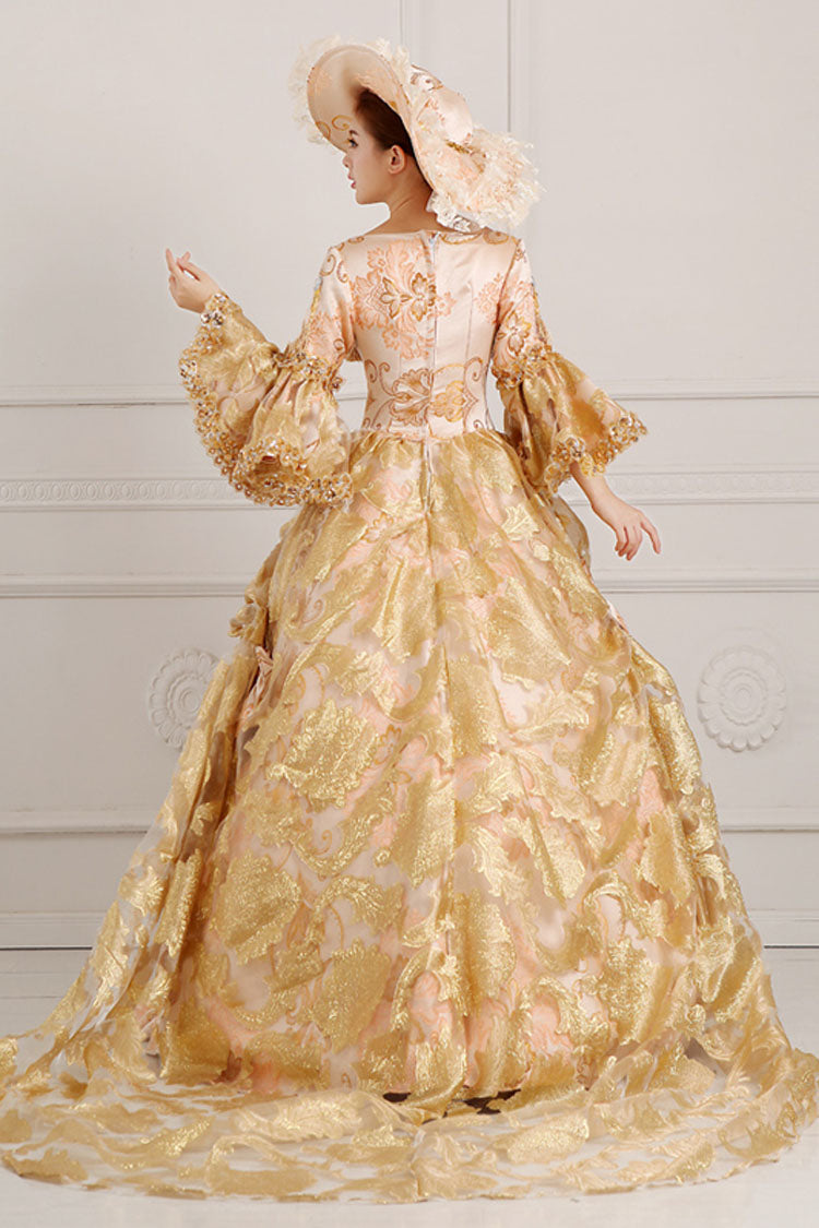 Beige/Golden Trumpet Sleeves High Waisted Embroidery Print Bowknot Multi-Layer Victorian Lolita Prom Dress