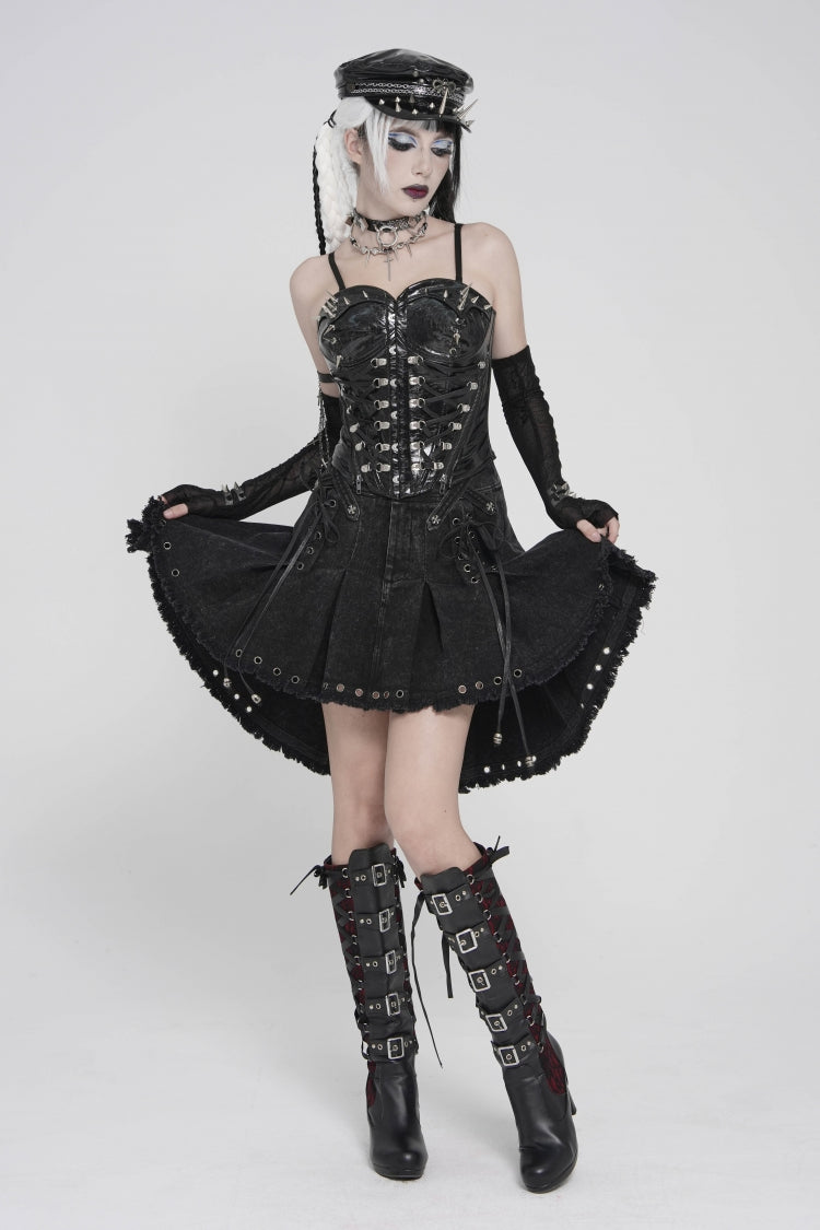 Black Lace-Up Pleated Eyelet Women's Punk Skirt