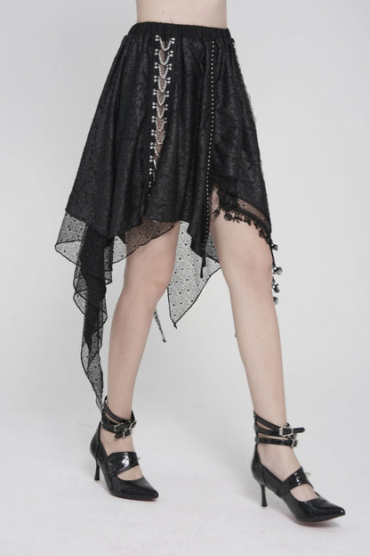 Black Lace Irregular Chain-Decorated Women's Punk Streamer Skirt