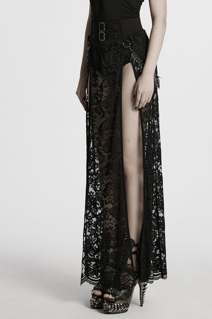 Black Embroidery Split Lace Women's Gothic Skirt with Studded Chain
