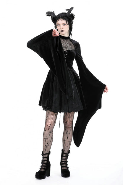 Black Long Trumpet Sleeves Spliced Lace-Up Spider Mesh Women's Gothic Velvet Wedding Dress