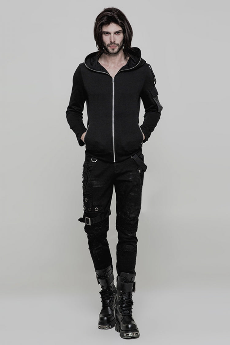 Black Metal Ring Buckles Stitching Mesh Men's Steampunk Pants