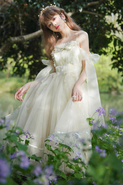 Beige Small Ballet High Waisted Bowknot Chiffon Short Version Sweet Lolita JSK Dress