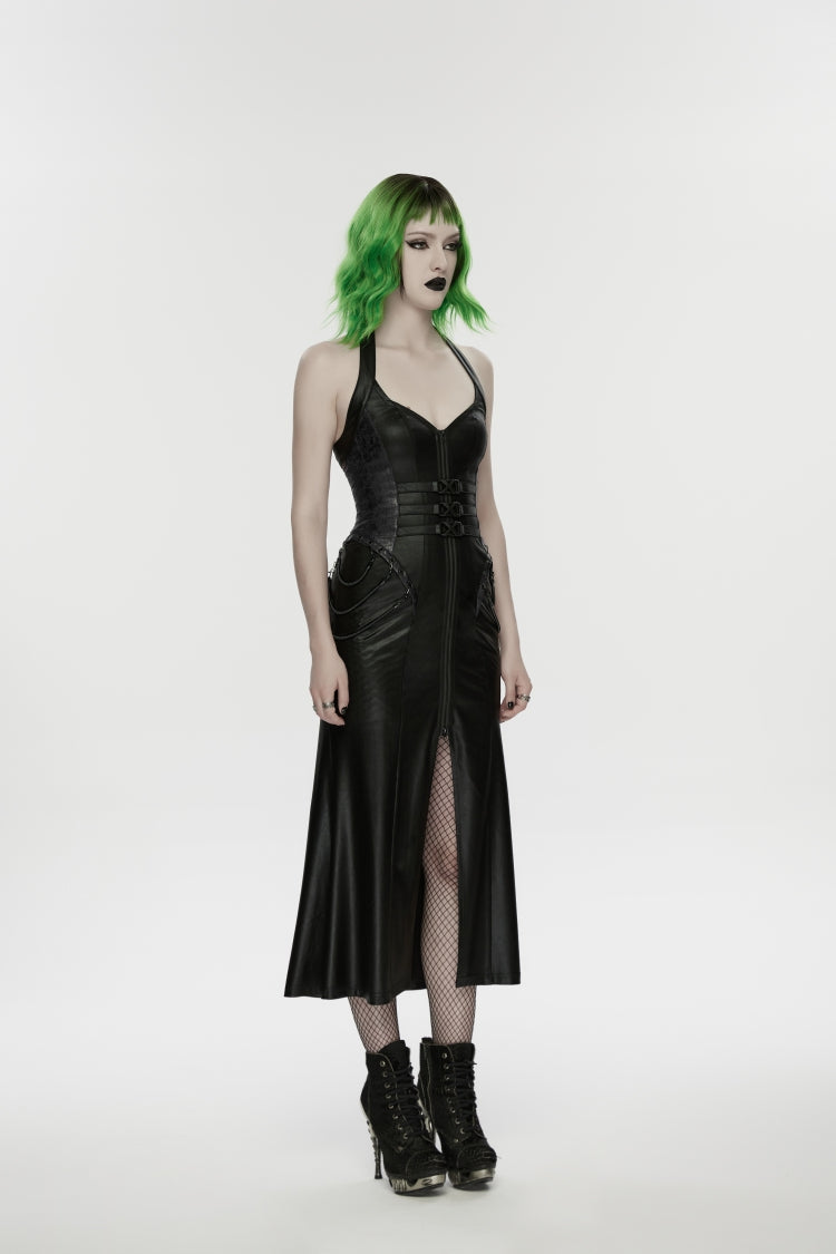 Black Halterneck Sleeveless Lace-Up Slim Buckled Women's Punk Dress