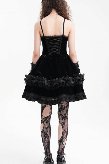 Black Chain Ruffle Lace Women's Gothic Slip Dress