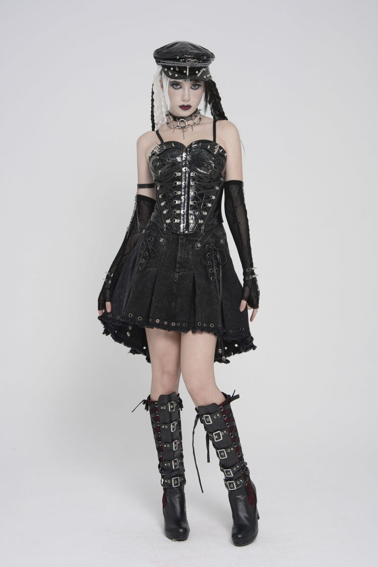 Black Lace-Up Slim Studded Zippered Women's Punk Corset