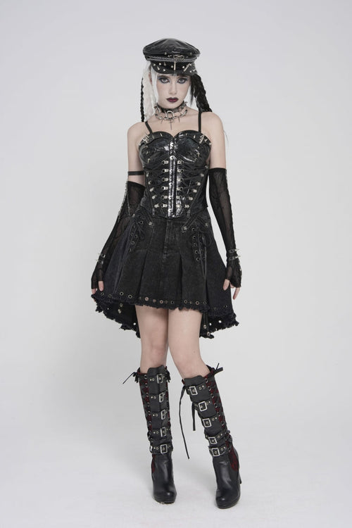 Black Lace-Up Slim Studded Zippered Women's Punk Corset