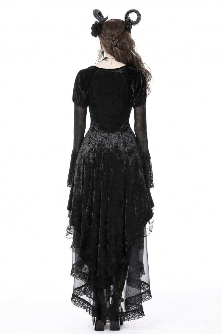Black Long Puff Sleeves High Low Irregular Multi-Layered Lace Women's Gothic Velvet Dress