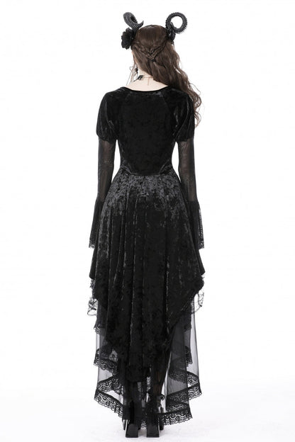 Black Long Puff Sleeves High Low Irregular Multi-Layered Lace Women's Gothic Velvet Dress