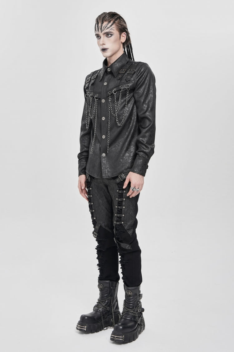 Black Lapel Collar Long Sleeves Buckled Strappy Chain-Decorated Men's Punk Shirt