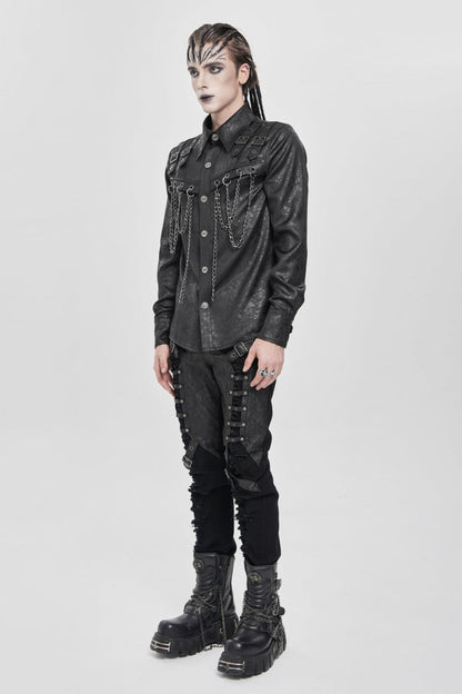 Black Lapel Collar Long Sleeves Buckled Strappy Chain-Decorated Men's Punk Shirt