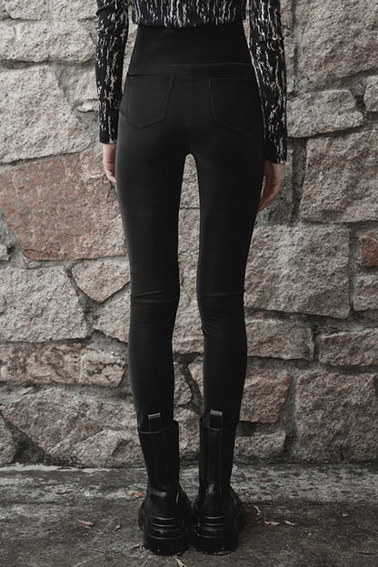 Black Bat Embroidered Waist Elastic Fine-Grained Fluff Metal Zipper Design Tight Women's Punk Leather Pants