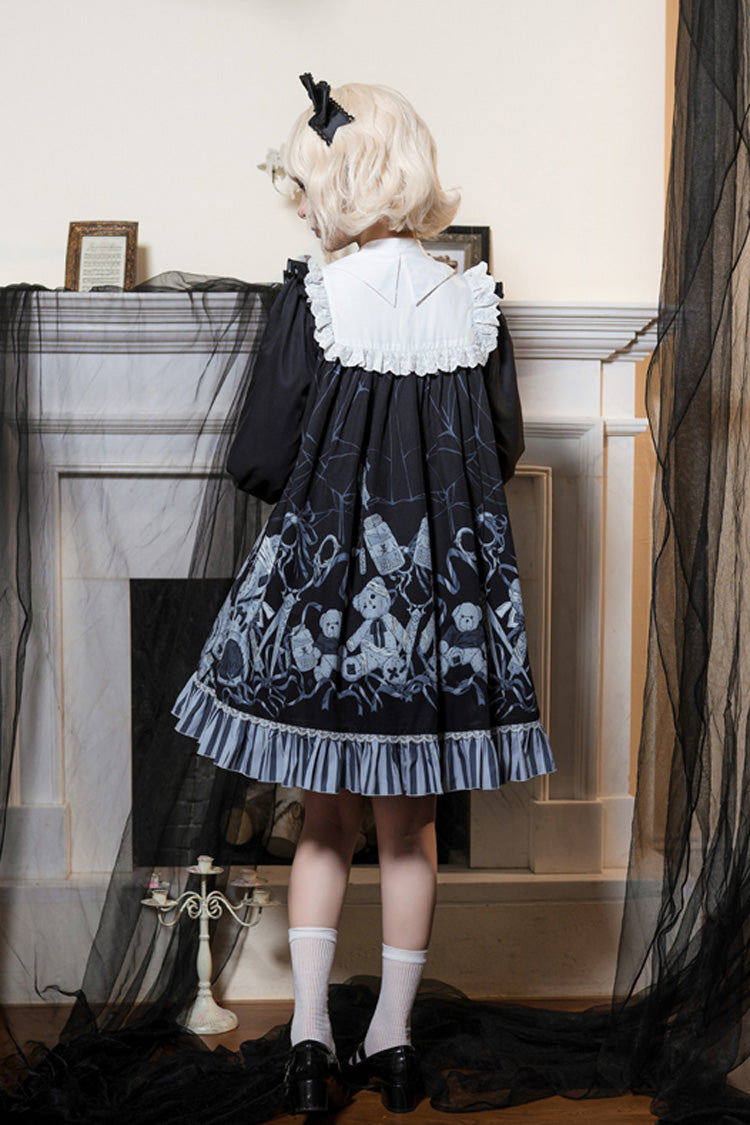 Black Bandage Bear Print Long Sleeves Ruffle Bowknot Lace Gothic Lolita Dress