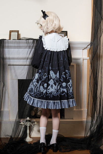 Black Bandage Bear Print Long Sleeves Ruffle Bowknot Lace Gothic Lolita Dress
