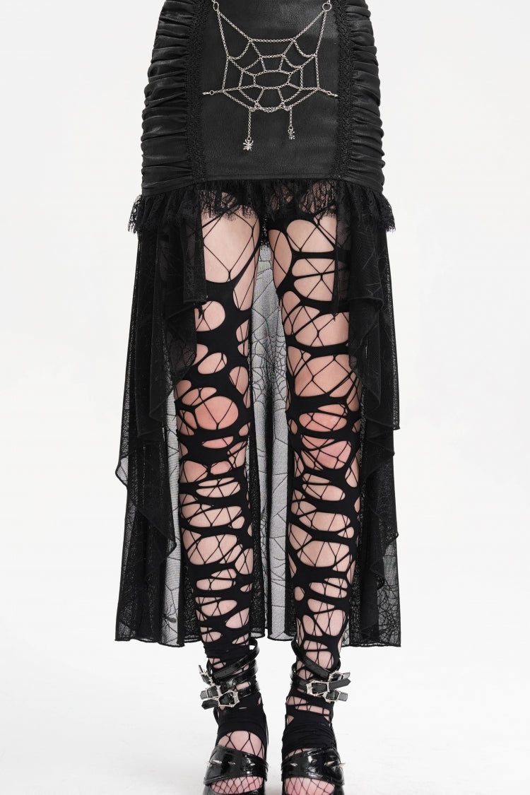 Black Chain Lace Irregular Hem Mesh Women's Gothic Skirt