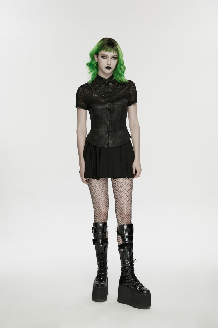 Black Lapel Collar Short Sleeves Lace-Up Mesh Eyelet Women's Punk Blouse
