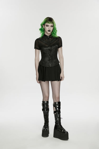 Black Lapel Collar Short Sleeves Lace-Up Mesh Eyelet Women's Punk Blouse